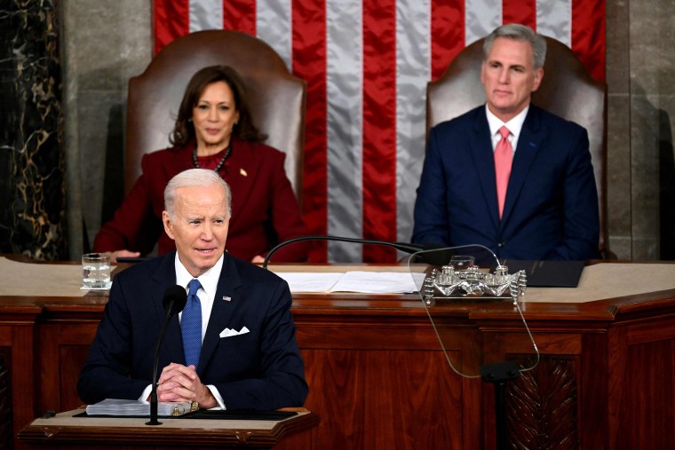 US Vice President Kamala Harris and US Speaker of the House Kevin McCarthy (R-CA) listen as US President Joe Biden delivers remarks during the State of the Union address in the House Chamber of the US Capitol in Washington, DC, on February 7, 2023.