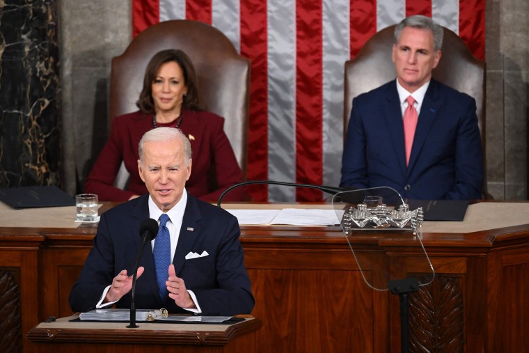 Vice President Kamala Harris and US Speaker of the House Kevin McCarthy (R-CA) listen as US President Joe Biden delivers the State of the Union address in the House Chamber of the US Capitol in Washington, DC, on February 7, 2023.