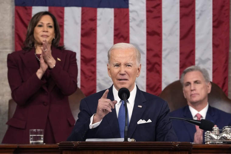 President Joe Biden delivers the State of the Union address to a joint session of Congress at the U.S. Capitol, Tuesday, Feb. 7, 2023, in Washington, as Vice President Kamala Harris and House Speaker Kevin McCarthy of Calif., watch.