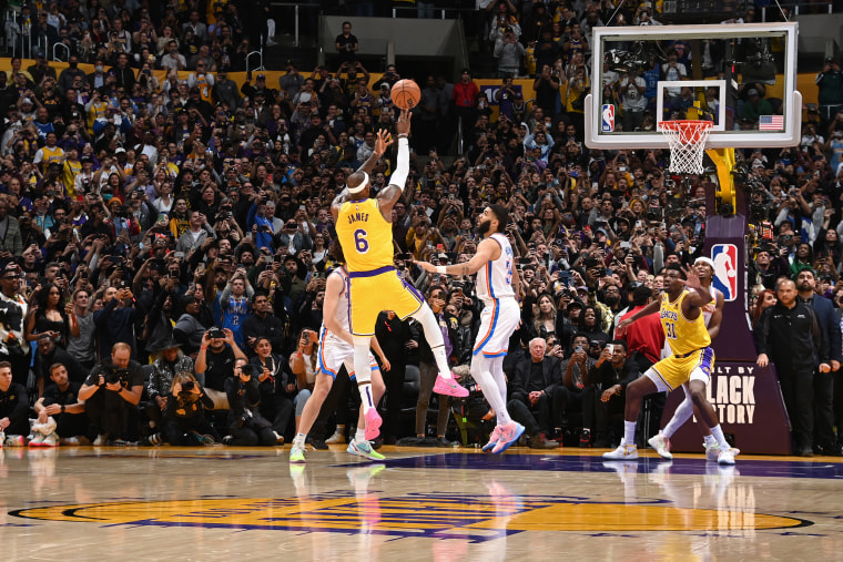 LOS ANGELES, CA - FEBRUARY 7: LeBron James #6 of the Los Angeles Lakers shoots the ball to break Kareem Abdul-Jabbars all time scoring record of 38,388 points during the game against the Oklahoma City Thunder on February 7, 2023 at Crypto.Com Arena in Los Angeles, California. NOTE TO USER: User expressly acknowledges and agrees that, by downloading and/or using this Photograph, user is consenting to the terms and conditions of the Getty Images License Agreement. Mandatory Copyright Notice: Copyright 2023 NBAE (Photo by Andrew D. Bernstein/NBAE via Getty Images)