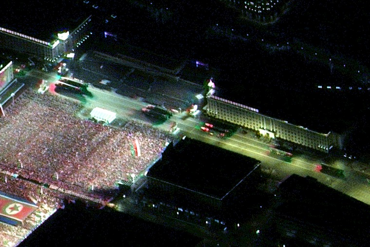 Commercial satellite images of the parade released by Maxar Technologies Inc. showed huge, missile-carrying trucks passing Kim Il Sung Square.