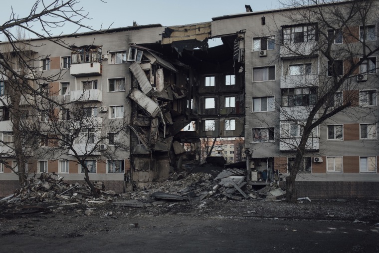 A shattered residential building in Bakhmut, where only a few thousand civilians remain.