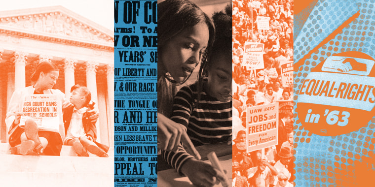 Photo illustration of a Black mother and daughter on the steps of the Supreme Court holding a newspaper about banning school segregation; a poster asking Black people to join the army in the Civil War; a mother and daughter doing homework at a table; the March on Washington in 1963; and a button reading "Equal Rights in '63"