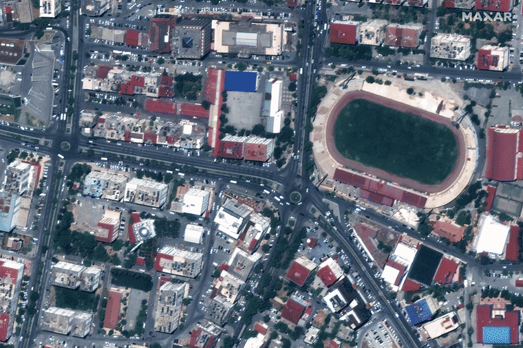 A before and after aerial view of buildings downtown and stadium in Kahramanmaras, Turkey.