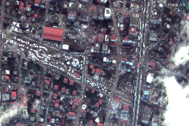 Emergency tents line the devastated streets of Nurdağı on Tuesday. 