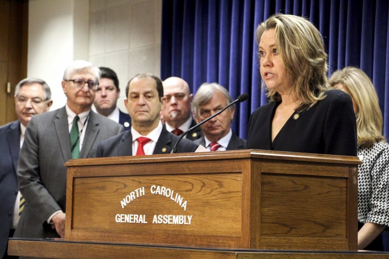 North Carolina state Sen. Amy Galey, an Alamance County Republican, speaks in Raleigh, N.C., on Feb. 1, 2023.