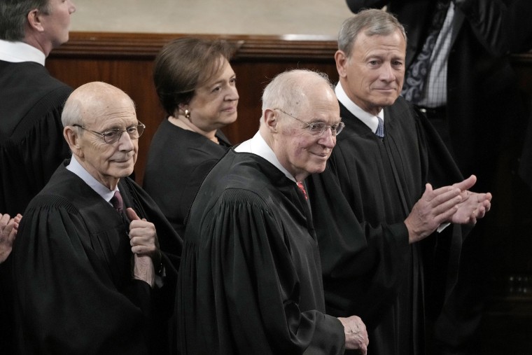 From left, retired Supreme Court Justice Stephen Breyer, Justice Elena Kagan, retired Justice Anthony Kennedy, and Chief Justice John Roberts attend the State of the Union address on Feb. 7, 2023.