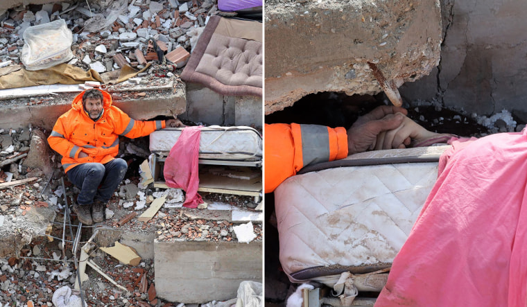 Mesut Hancer holds the hand of his teenage daughter, Irmak, who died in the city of Kahramanmaras. 