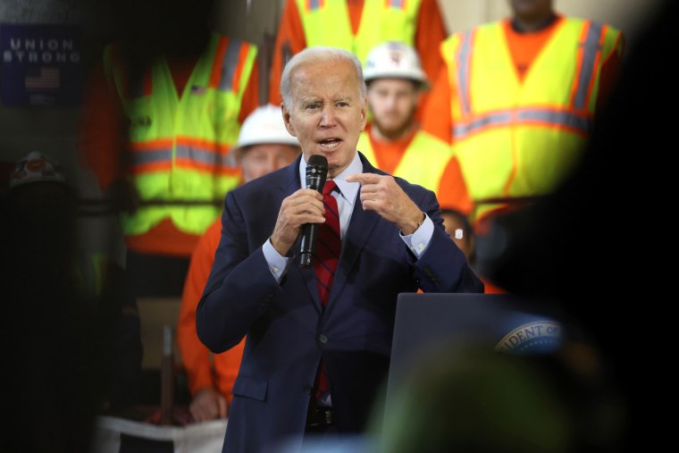 President Biden speaks at the Laborers’ International Union of North America (LIUNA) training center on February 08, 2023 in De Forest, Wisconsin.