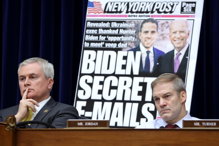 Image: Committee Chairman Rep. James Comer, R-Ky., and Rep. Jim Jordan, R-OH, during a hearing Twitter's role in suppressing the Hunter Biden laptop story, on Feb. 8, 2023.