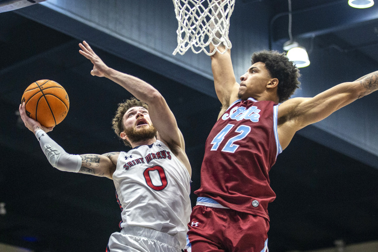 December 14 2022 Moraga, CA U.S.A. St. Mary's guard Logan Johnson (0)drives to the hoop during the NCAA Men's Basketball game between New Mexico State Aggies and the Saint Mary's Gaels. Saint Marys beat New Mexico State 81-68 at University Credit Union Pavilion Moraga Calif. Thurman James / CSM