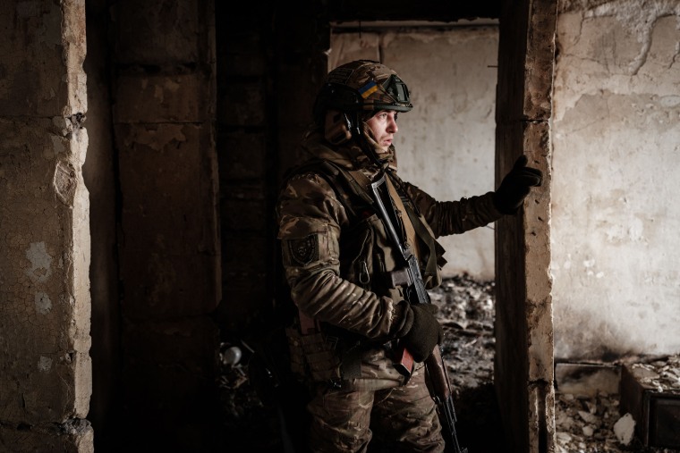 A Ukrainian serviceman in Bakhmut on Feb. 9, 2023.