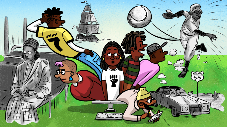 Drawn illustration of school-aged children coming out of a computer screen and seeing black and white historical figures, like Rosa Parks, Jackie Robinson, a ship and a car driving along Route 66.