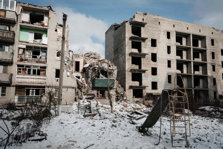 A destroyed building in Chasiv Yar, Ukraine on Feb. 5, 2023.
