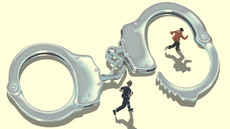 Drawn illustration of a suspect fleeing through giant handcuffs as a police officer pursues him.