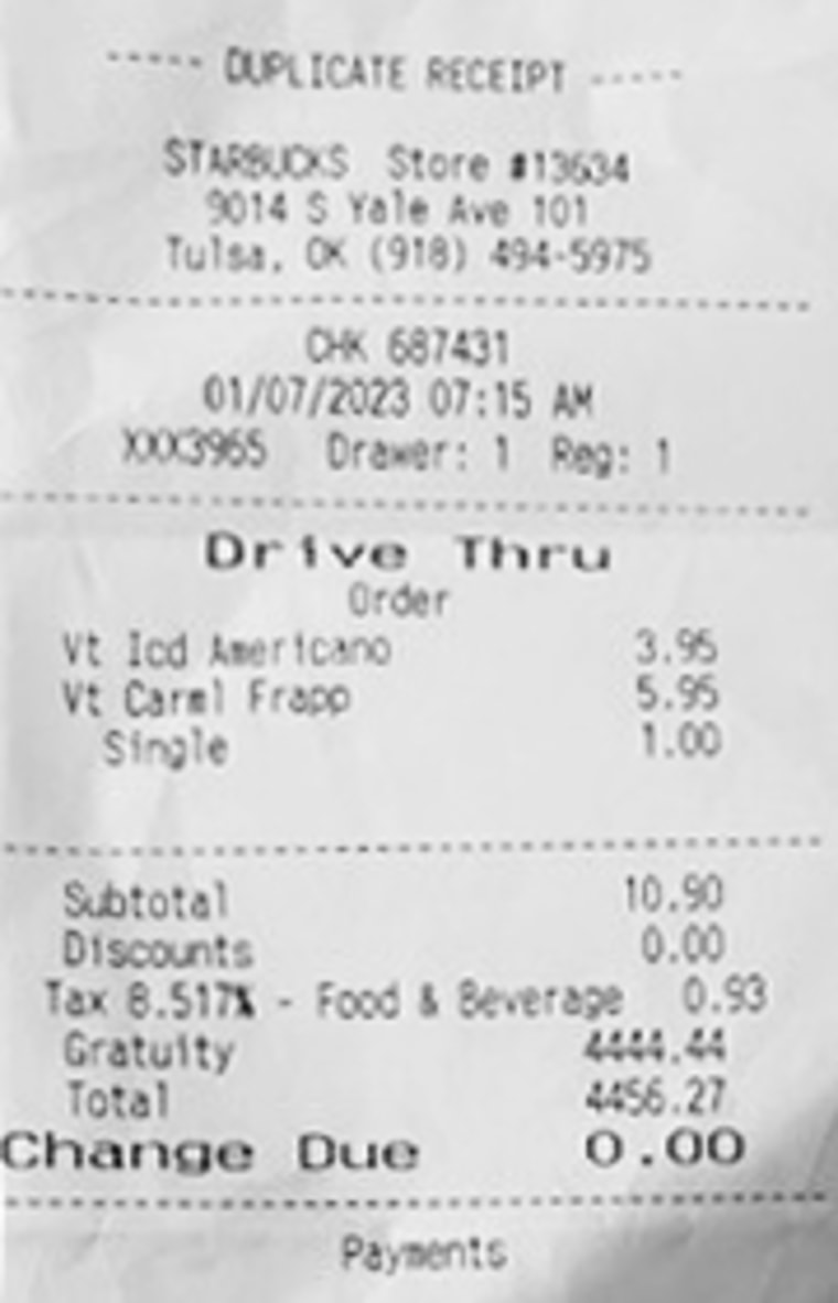 Jesse and Deedee O'Dell's Starbucks receipt.
