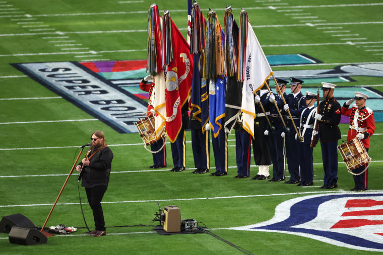 Chris Stapleton performs the national anthem before Super Bowl LVII between the Kansas City Chiefs and the Philadelphia Eagles on Feb. 12, 2023, in Glendale, Ariz.