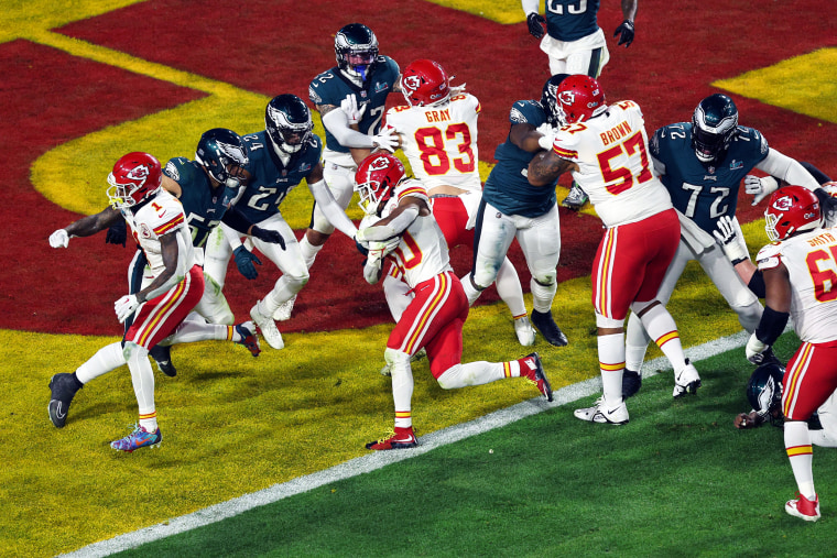 Isiah Pacheco #10 of the Kansas City Chiefs runs for a one yard touchdown during the third quarter against the Philadelphia Eagles in Super Bowl LVII on Feb. 12, 2023, in Glendale, Ariz.
