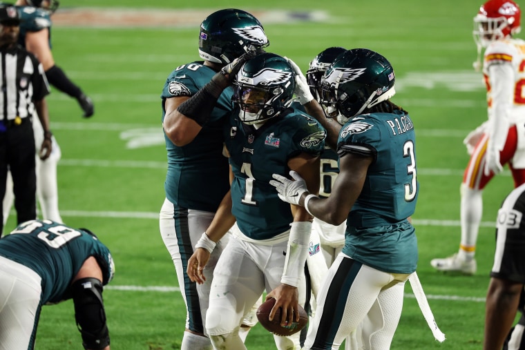 Jalen Hurts #1 of the Philadelphia Eagles celebrates after running for a two-yard touchdown during the fourth quarter against the Kansas City Chiefs in Super Bowl LVII on Feb. 12, 2023, in Glendale, Ariz.