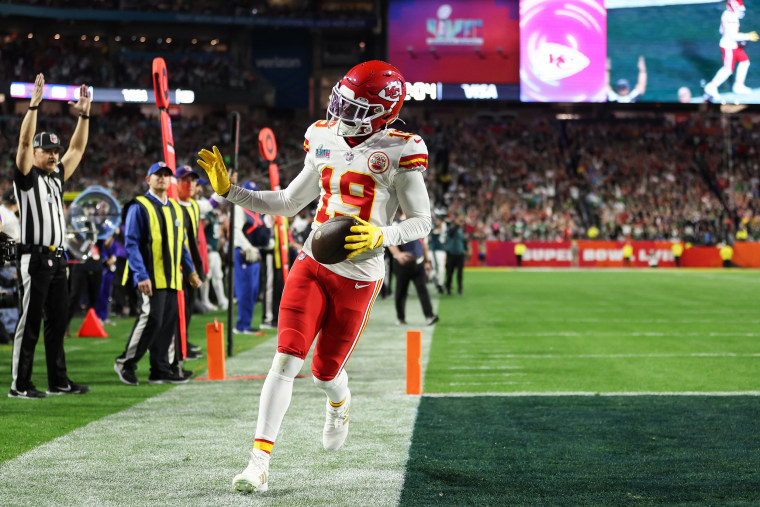 Kadarius Toney #19 of the Kansas City Chiefs celebrates after a five-yard touchdown reception against the Philadelphia Eagles during the fourth quarter in Super Bowl LVII on Feb. 12, 2023, in Glendale, Ariz.