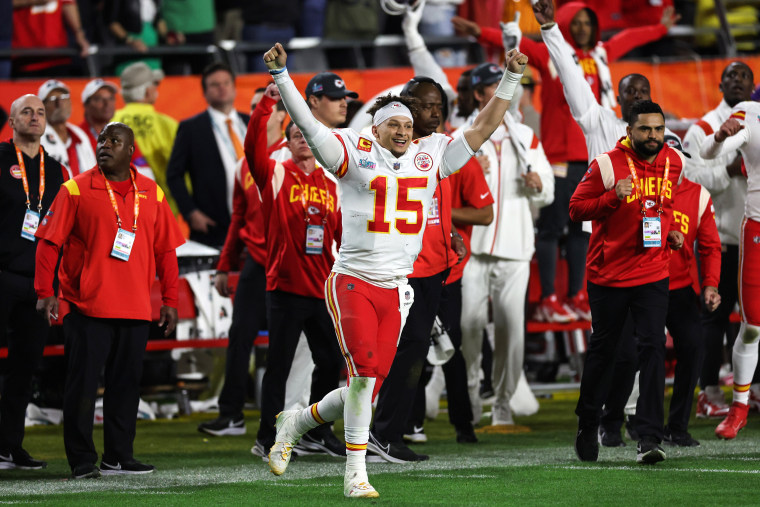 Patrick Mahomes of the Kansas City Chiefs celebrates after beating the Philadelphia Eagles to win Super Bowl LVII on Feb. 12, 2023, in Glendale, Ariz.