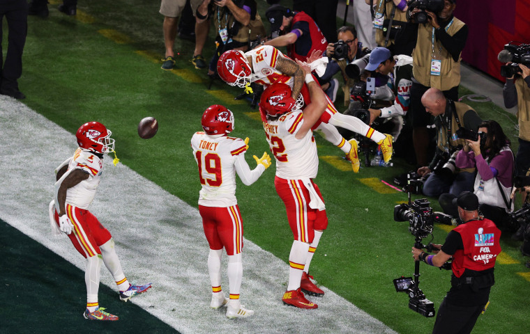 Skyy Moore #24 of the Kansas City Chiefs celebrates after scoring on a four-yard touchdown against the Philadelphia Eagles in Super Bowl LVII on Feb. 12, 2023, in Glendale, Ariz.