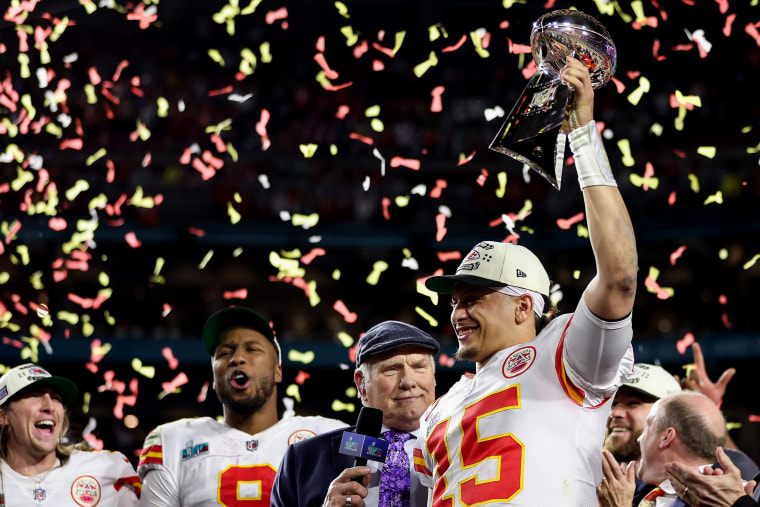 Patrick Mahomes of the Kansas City Chiefs celebrates with the the Vince Lombardi Trophy after defeating the Philadelphia Eagles 38-35 in Super Bowl LVII on Feb. 12, 2023, in Glendale, Ariz.