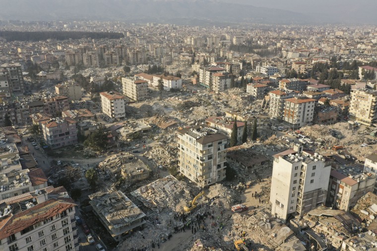 Collapsed buildings as search and rescue efforts continue in Hatay, Turkey, on Feb. 12, 2023.