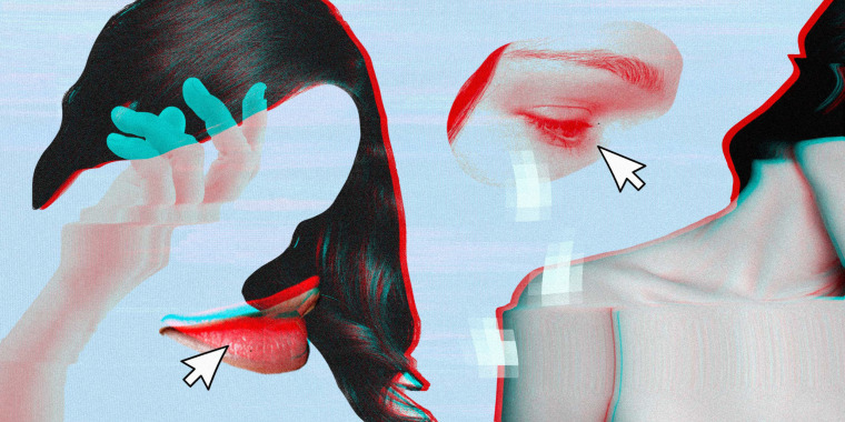 Photo Illustration: A collage of a woman's hair, hand, lips, eyes, with glitching technology effects and cursors