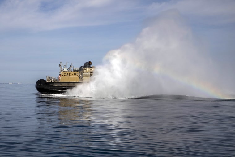 Sailors assigned to Assault Craft Unit (ACU) Four operate landing craft air cushions (LCAC) during recovery efforts of debris from a Chinese high altitude balloon in the Atlantic Ocean, off the coast of Myrtle Beach, S.C