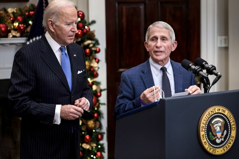 Anthony Fauci, Director of the National Institute of Allergy and Infectious Diseases and Chief Medical Advisor to the President, speaks alongside U.S. President Joe Biden as he delivers remarks on the Omicron Covid-19 variant at the White House on Nov. 29, 2021.