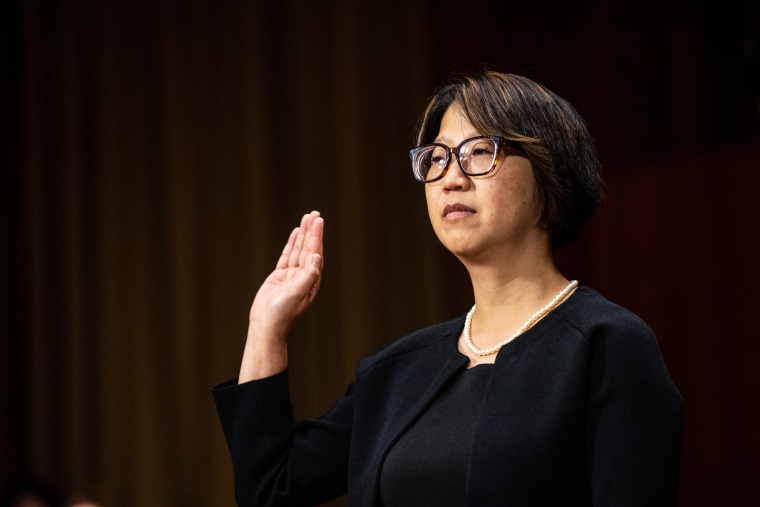 Cindy Chung, nominee
to be United States Circuit Judge for the Third Circuit, is sworn in during her confirmation hearing in the Senate Judiciary Committee on Sept. 7, 2022.