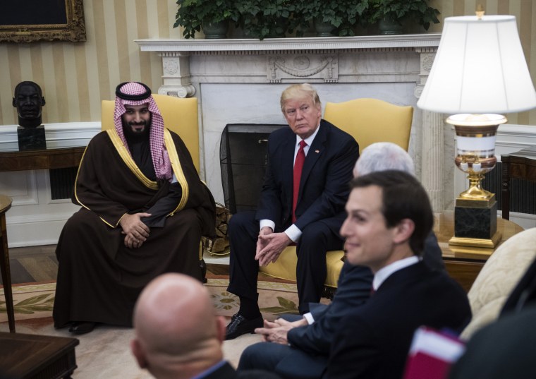 Image: Then-President Donald Trump meets with Saudi Crown Prince Mohammed bin Salman bin Abdulaziz Al Saud and senior adviser Jared Kushner in the Oval Office in 2017.