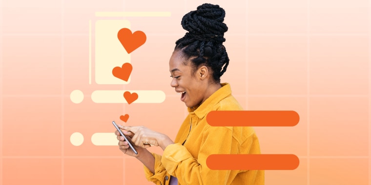 Photo Illustration: A woman surrounded by Instagram direct messages smiles at her phone as hearts come out of it.