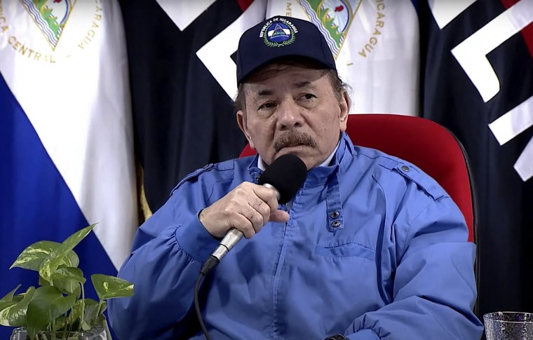 Nicaraguan President Daniel Ortega speaks during a radio and television broadcast message on Feb. 9, 2023, in Managua. 