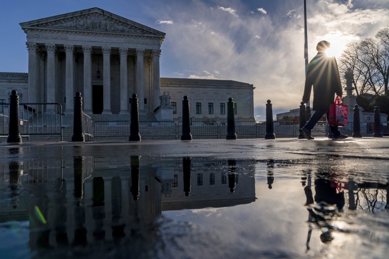 A pedestrian passes the Supreme Court in Washington on Jan. 23, 2023.