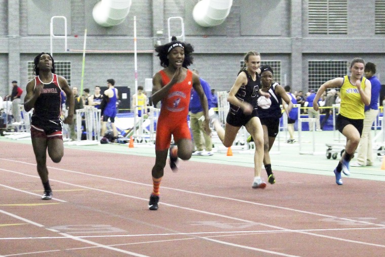 Bloomfield High School transgender athlete Terry Miller, second from left, wins the final of the 55-meter dash over transgender athlete Andraya Yearwood, far left, and other runners in the Connecticut girls Class S indoor track meet at Hillhouse High School in New Haven, Conn., in 2019.