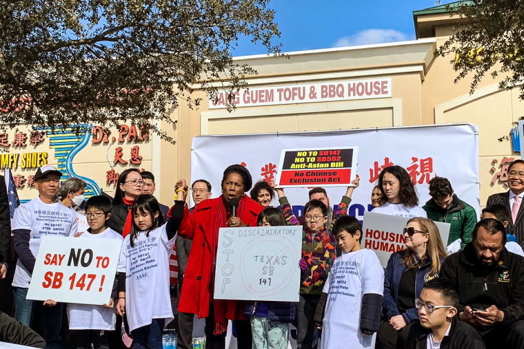 Protesters in Houston, Texas organize on Feb. 11, 2023 against proposed state Senate Bill 147, which would restrict citizens of China and three other countries from buying property in the state. 