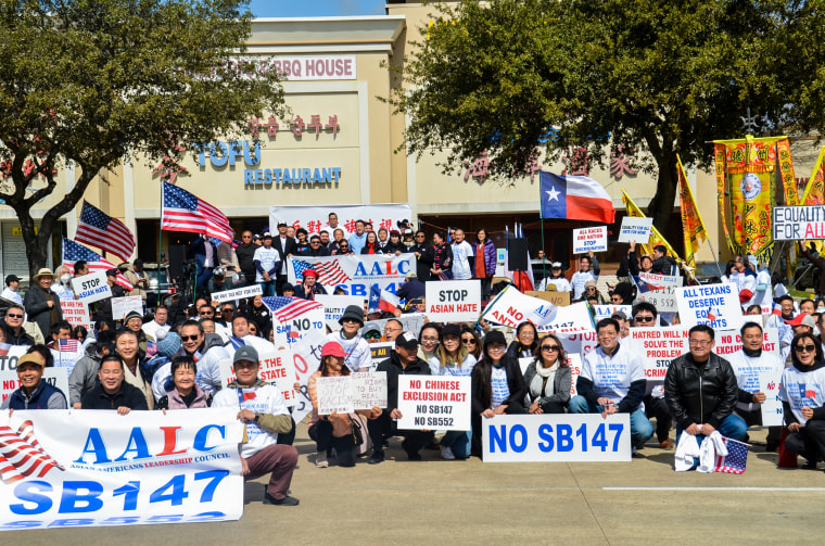 Protesters in Houston, Texas organize on Feb. 11, 2023 against proposed state Senate Bill 147, which would restrict citizens of China and three other countries from buying property in the state. 