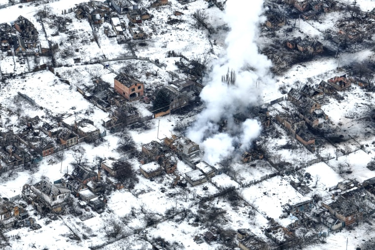 An aerial view of Bakhmut, the site of heavy battles with Russian troops in Ukraine's Donetsk region on Feb. 14, 2023.
