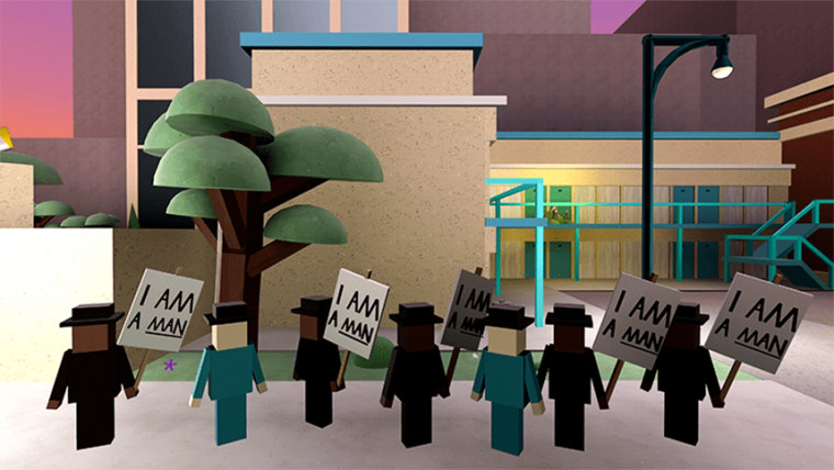 Virtual sanitation workers protesting and holding “I Am A Man” signs during a recreation of the Memphis 1968 sanitation strike in the metaverse.
