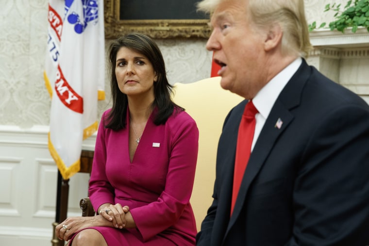 President Donald Trump speaks during a meeting with then-U.S. Ambassador to the United Nations Nikki Haley in the Oval Office of the White House in Washington, D.C.