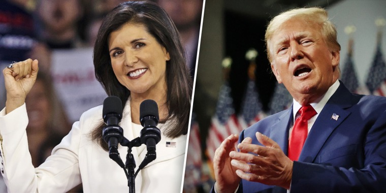 Nikki Haley launches her presidential campaign on Feb. 15, 2023, and former President Donald Trump at a rally in September 2022.