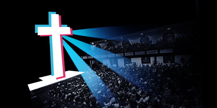 A digital collage illustration of the Asbury University church, with a large cross on the stage, treated to resemble the TikTok logo.