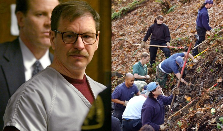 Gary Ridgway prepares to leave the courtroom after sentencing in Seattle in 2003. At right, members of the Green River task force comb a hillside near Kent, Wash., where Ridgway said he left a body.