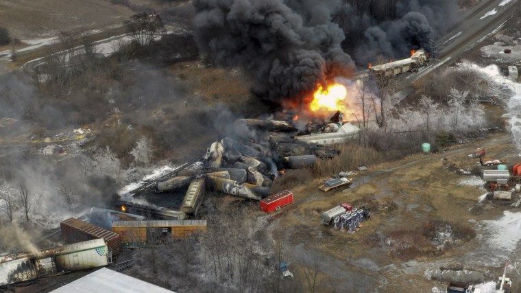 The wreckage of a Norfolk Southern train derailment in East Palestine, Ohio