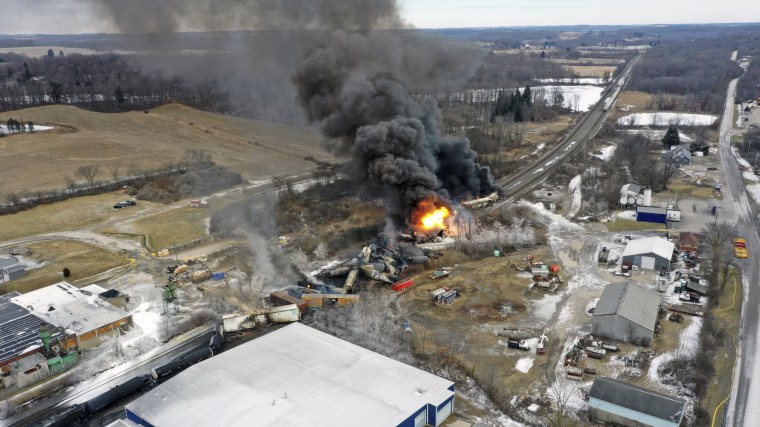 A plume of smoke rises from a Norfolk Southern train that derailed in East Palestine, Ohio