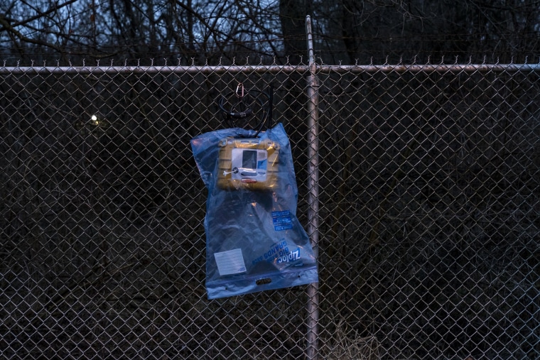An air quality monitor near the site of the derailment on Feb. 16, 2023 in East Palestine, Ohio.