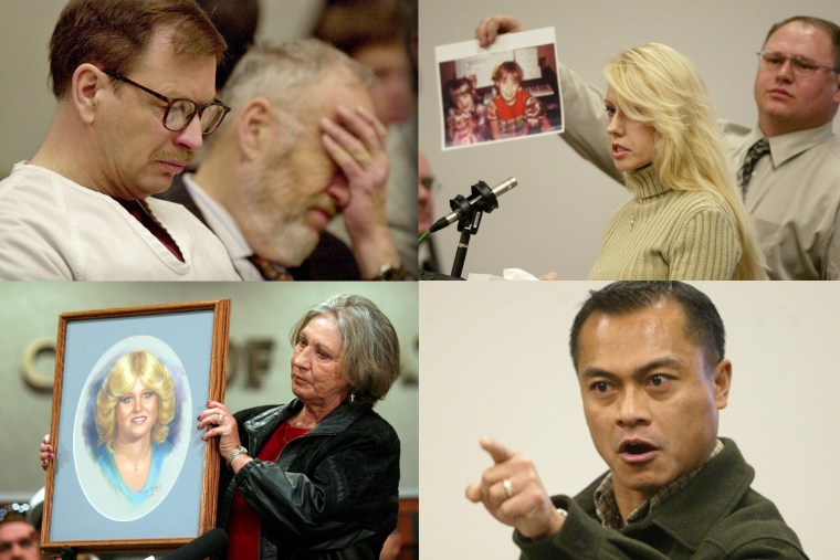 Family members of victims confronted Gary Ridgway in court in 2003. From top right, Virginia Graham, sister of Debra Estes, Jose Malvar Jr., brother of Marie Malvar, and Carol Estes, mother of Debra Estes.