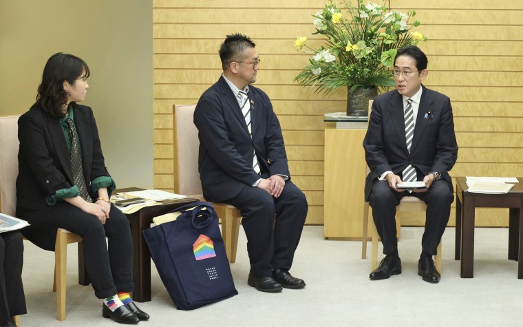 Japanese Prime Minister Fumio Kishida meets with LGBTQ activists at the prime minister's office in Tokyo on Feb. 17, 2023.